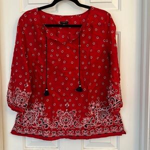 Talbots red handkerchief print tassel boho top large petite 100% cotton